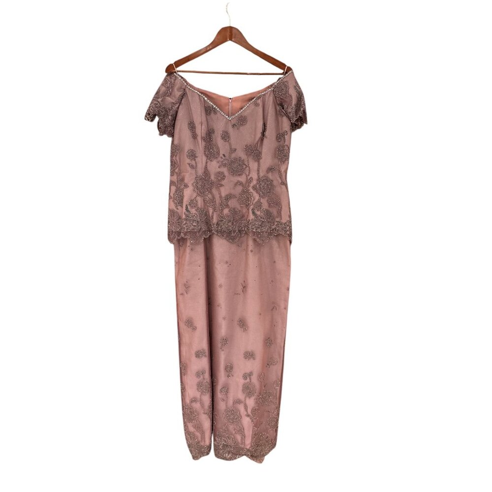 Pink Off-Shoulder Beaded Floral Embroidered Dress Formal Gown With Scalloped Hem